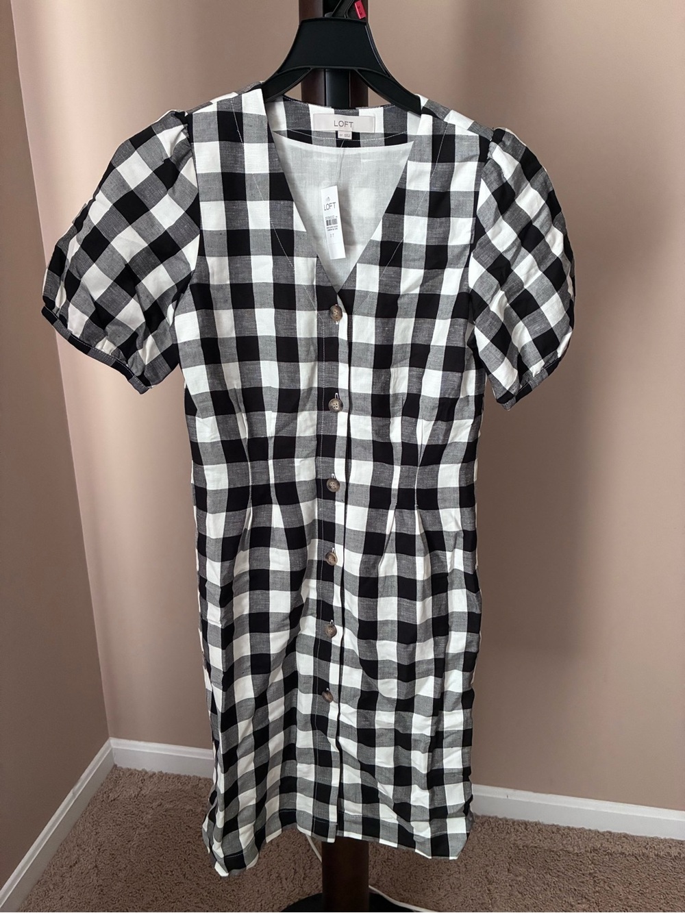 LOFT Black & White Gingham Button-Front Puff Sleeve Dress